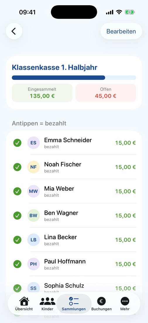 Sammlung mit Kinderliste – antippen heißt bezahlt