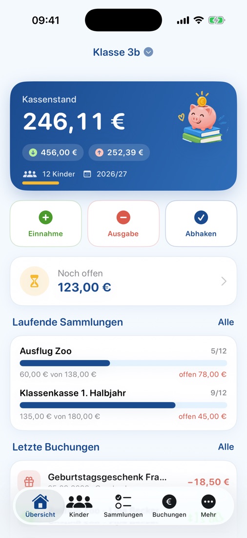 Übersicht mit Kassenstand, offenen Beträgen und laufenden Sammlungen